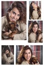 Collage Attractive woman playing with dog