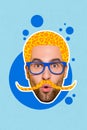 Collage avatar personage photo of young guy hairstyle leopard print wear eyeglasses funny mustache shocked isolated on