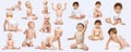 Collage of babies, boy and girl in diaper, playing, posing, sitting isolated over white studio background Royalty Free Stock Photo