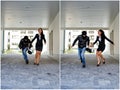 Collage: Bandit stealing woman bag