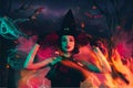 Collage banner of frightening mystic lady witch burning fire gothic dark image color background