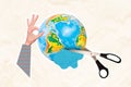 Collage banner of planet earth 3d concept ecological problem scissors cut sphere global catastrophe stop use resources Royalty Free Stock Photo