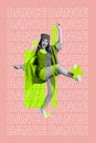 Collage banner poster photo image magazine sketch of positive joyful lady dancing hiphop good mood isolated on drawing