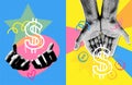 Collage banner set with halftone effect hands with money. Textured poster background with abstract shapes and stars