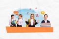 Collage banner template picture schoolboy academic hold books watch girls conversation geography lesson isolated on Royalty Free Stock Photo