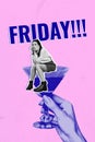 Collage banner of young woman upset sitting drunk depression heart broken no partner gin glass friday party isolated on