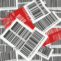 A collage of barcode labels overlays a background of red and black. The labels vary in Royalty Free Stock Photo