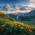 Collage of beautiful alpine landscape with flowers and mountains in the background Royalty Free Stock Photo