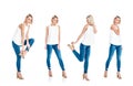 collage with beautiful blonde girl posing in jeans and heels, Royalty Free Stock Photo