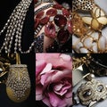 Collage of beautiful jewelry with gemstones. Vintage jewellery collection. Generative AI