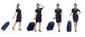 Collage, Beautiful stewardess holding suitcase isolated on white