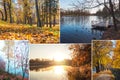 Collage with beautiful views of misty autumn. Royalty Free Stock Photo