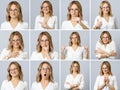 Beautiful woman with different facial expressions and gestures Royalty Free Stock Photo