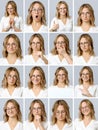 Beautiful woman with different facial expressions and gestures Royalty Free Stock Photo