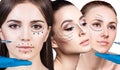 Collage of beautiful woman gets beauty facial injections. Royalty Free Stock Photo