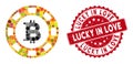 Collage Bitcoin Casino Chip with Textured Lucky in Love Stamp
