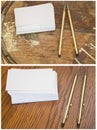 Collage blank business cards writing pen pencil