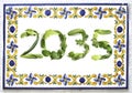 2035 from green chili pepper and salad, vegetable number, board with blue, yellow, green flower, green leaf Royalty Free Stock Photo