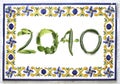 2040 from green chili pepper and salad, vegetable number, board with blue, yellow, green flower, green leaf Royalty Free Stock Photo