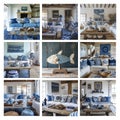 Collage of boho eclectic beachside interiors in blue and white.