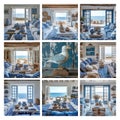 Collage of boho eclectic beachside interiors in blue and white.