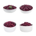 Collage with bowls of tasty red sauerkraut on white background