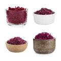 Collage with bowls of tasty red sauerkraut on white background