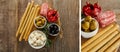 Collage of breadsticks with antipasto ingredients on round boards on wooden background