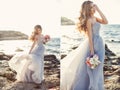 Collage-Bride with a bouquet of flowers in a wedding dress near the sea Royalty Free Stock Photo