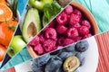 Collage of bright pictures of berries, citrus fruits, plums and green apples.