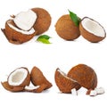 Collage of broken coconut pieces isolated on white background Royalty Free Stock Photo