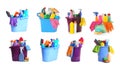 Collage of buckets with cleaning supplies on background