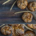 Collage of buns with sesame seeds on a wooden background