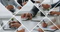 Collage of business activities showcasing teamwork technology and successful collaboration in office Royalty Free Stock Photo