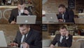 Collage business man in a suit, jacket, shirt. He sits in an atmospheric cafe with a laptop, drinks coffee, adjusts his