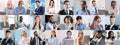 Collage of business people portraits showing different emotions, using various gadgets Royalty Free Stock Photo