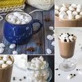 Collage with cacao in a mug and white marshmallow Royalty Free Stock Photo