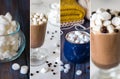 Collage with cacao in a mug and white marshmallow Royalty Free Stock Photo