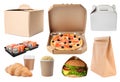 Collage of cardboard and plastic containers with fresh food on white background. Online delivery Royalty Free Stock Photo