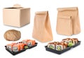 Collage of cardboard and plastic containers on background. Food delivery Royalty Free Stock Photo