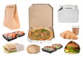 Collage of cardboard and plastic packages with food on white background. Online delivery Royalty Free Stock Photo