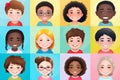Collage of cartoon faces of smiling multiracial group of various diverse children for profile picture on colorful background.