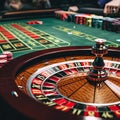 Collage of casino images with a close-up vibrant image of multicolored casino roulette table with poker chips Royalty Free Stock Photo