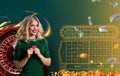 Collage of casino images with roulette and woman with chips in hands