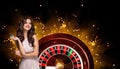 Collage of casino images with roulette and woman with chips in hands