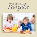 Collage of caucasian father with son pouring honey on pancakes and girl looking at pancakes