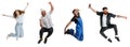 Collage. Cheerful people in image of seamstress, chef, mechanic and barber jumping, posing isolated over white