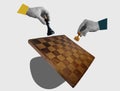 Collage with a chessboard and hands holding a king and a pawn. Business strategy and tactics.