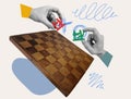 Collage with a chessboard and hands holding staff figures. Employee turnover and attrition.