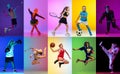 Collage. Children, boys and girls training, practicing different kind of sports over multicolored background in neon